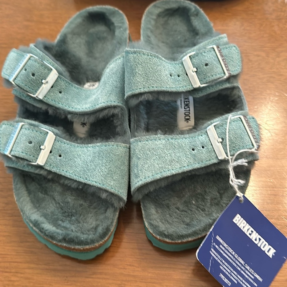 NWT Birkenstock Arizona Sandals Teal Shearling Suede Size 36/5.5